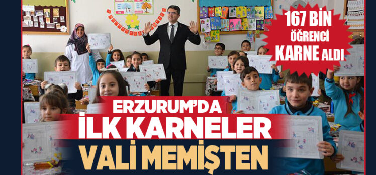 Erzurum Valisi Okay Memiş, öğrencilere karneleri ile birlikte kitap ve çikolata hediye etti.