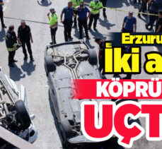 Erzurum’da Sanayi Yolu’nda meydana gelen kazada iki araç yaklaşık 7 metrelik köprüden aşağı düştü.