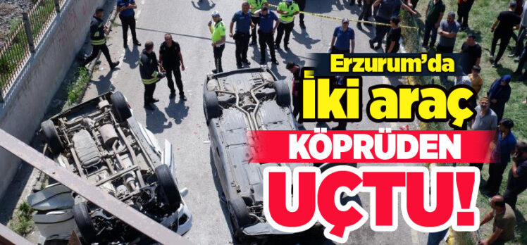 Erzurum’da Sanayi Yolu’nda meydana gelen kazada iki araç yaklaşık 7 metrelik köprüden aşağı düştü.