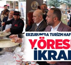 Erzurum’da Turizm Haftası vesilesiyle kent meydanında vatandaşlara yöresel tatlar ikram edildi.