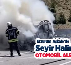 Erzurum’un Aşkale ilçesinde seyir halindeyken bir anda yanan hafif ticari araç küle döndü.