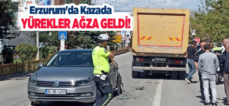 Erzurum’da bir kamyon ile otomobilin karıştığı kaza, güvenlik kameralarına anbean yansıdı.