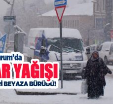 Erzurum’da etkili olan kar yağışı başta kent merkezi olmak üzere bölgeyi beyaza bürüdü.