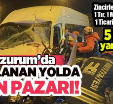 Erzurum’da aşırı buzlanmadan dolayı meydana gelen zincirleme trafik kazasında 5 kişi yaralandı.