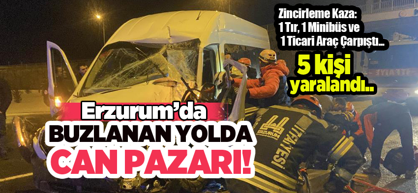 Erzurum’da aşırı buzlanmadan dolayı meydana gelen zincirleme trafik kazasında 5 kişi yaralandı.